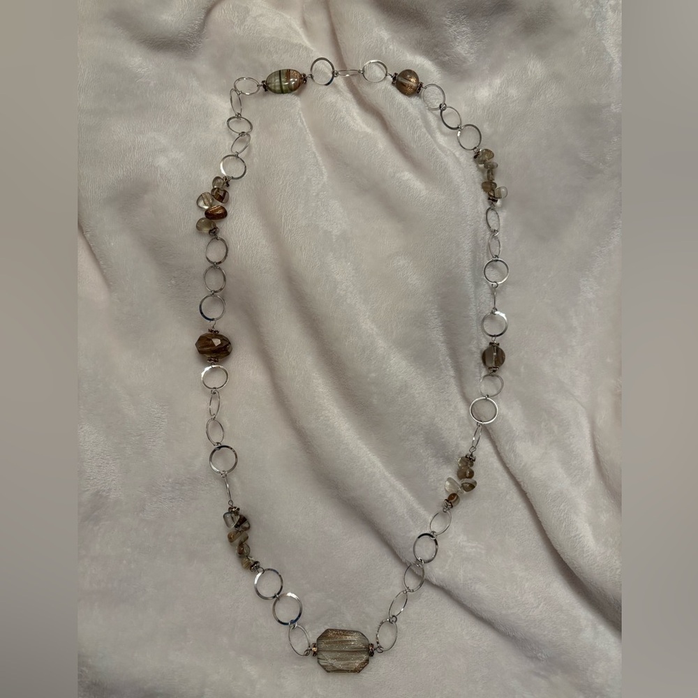 Source Unknown Silver Link Necklace with Rutilated Quartz Beads